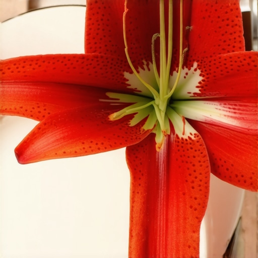 A decorative lily flower placed too close to a gourmet seafood dish on a dinner table.