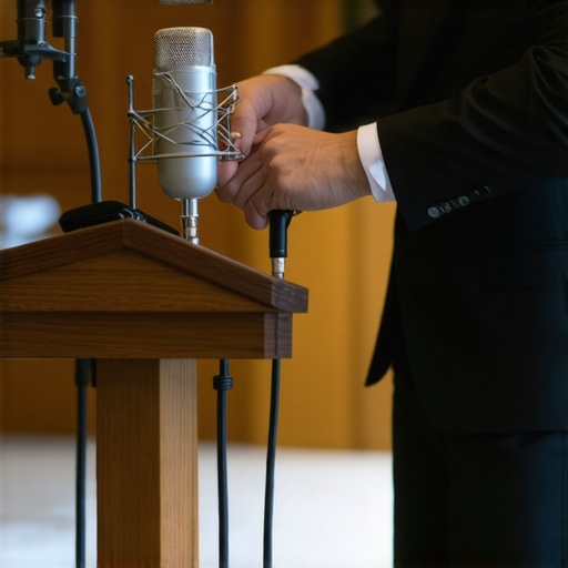 Professional technician setting up a wired microphone on a podium to prevent signal interference.