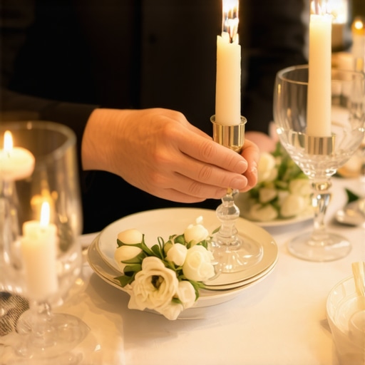 Setting the Table with Unscented Candles A server placing unscented candles on a wedding reception table to preserve food flavor.