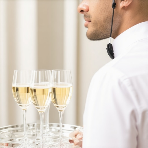 Silent Communication Technology for Event Staff Professional server using a discreet earpiece for silent event coordination