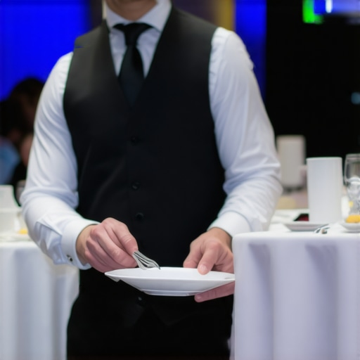 Silent catering service during a keynote speech Professional server clearing a plate during a corporate event