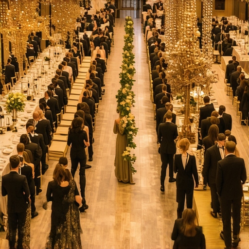 A professionally managed gala ballroom with long communal tables and expert server staff.