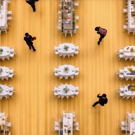 An aerial shot showing a well-planned event floor plan with clear walkways and professional catering staff.