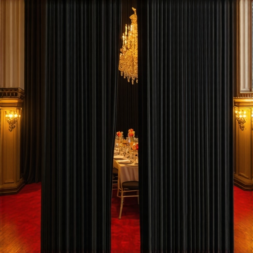Strategic Event Drapery for Intimate Atmosphere A large ballroom being partitioned with thick velvet drapery to create a smaller, intimate event space.