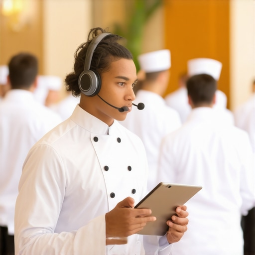 Strategic Event Leadership and Team Coordination A lead server coordinating a large-scale event team in a luxury ballroom.