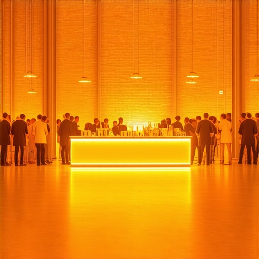 A warehouse event space using amber uplighting to guide guest movement toward the bar and food stations.