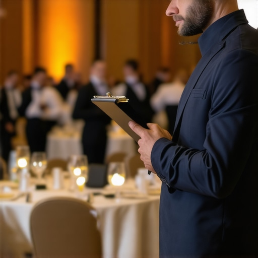 Strategic Event Oversight A professional lead server managing the logistics of a corporate event floor