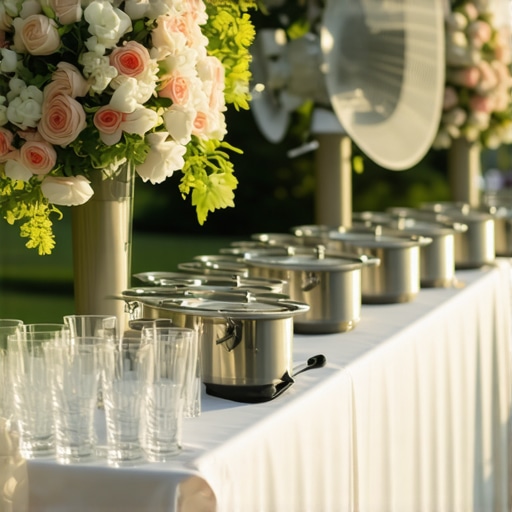 Outdoor wedding buffet with fans and food covers to keep insects away