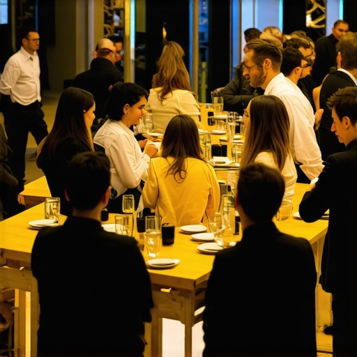 Professional networking event featuring high-top tables and fluid guest movement for better engagement.