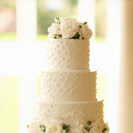 Strategic Wedding Cake Placement for Natural Light A white wedding cake illuminated by soft window light in a luxury venue.
