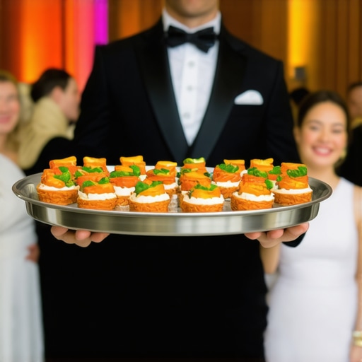Strategic passed hors d'oeuvres service at a corporate gala A professional server presenting high-end appetizers to guests at a corporate event
