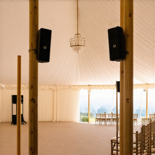 Strategic speaker placement and carpeting in a wedding tent Internal view of a luxury wedding tent with delay speakers and carpeting for better sound