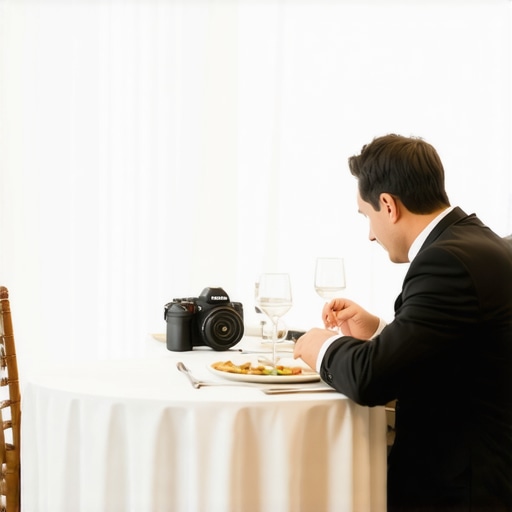 A wedding photographer eating dinner at a side table during a reception to stay close to the action.