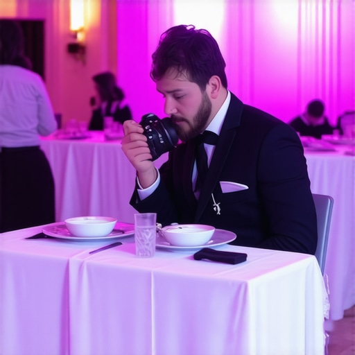 A photographer eating dinner while remaining ready for the next wedding moment.