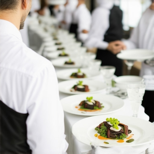 Professional servers delivering synchronized silver service at a high-end corporate gala.