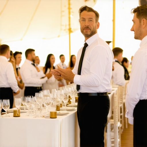 Team briefing for luxury event service Professional event captain briefing server team in a luxury tent