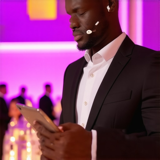 Professional event coordinator managing a corporate gala with a headset