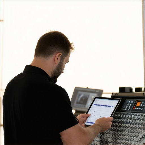 Technical Sound Management in an Event Tent A sound engineer optimizing audio settings for a tented event using digital tools.
