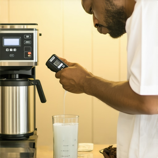 A caterer measuring water hardness with a digital TDS meter next to commercial coffee equipment