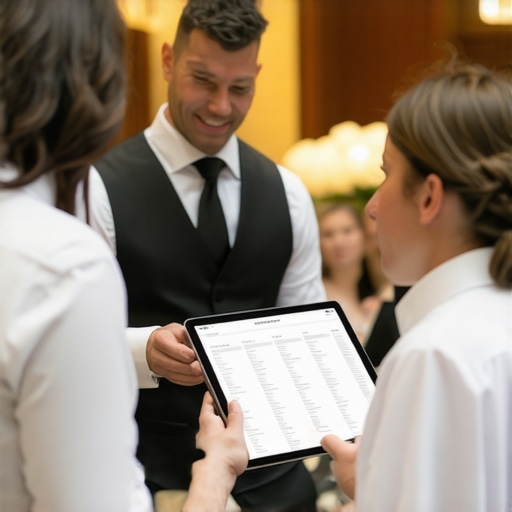 A lead server coordinating a small catering team at a luxury event to ensure high service standards.