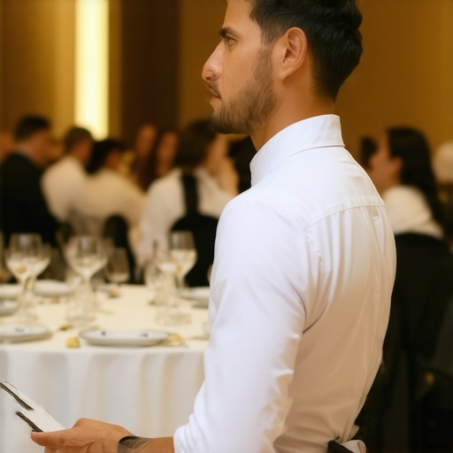 A lead server overseeing event flow at a corporate gala to ensure server efficiency.