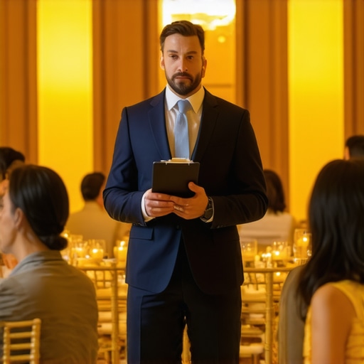 The strategic role of a lead server Professional lead server overseeing a high-end event in a grand ballroom.