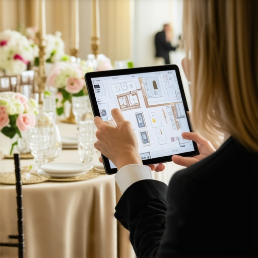 Event planner viewing a 3D digital floor plan on a tablet to ensure clear guest sightlines.