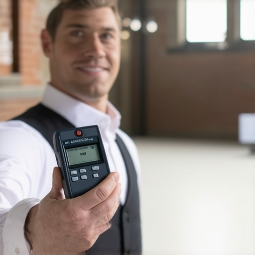 A digital SPL meter being used to measure acoustics in a warehouse wedding venue.