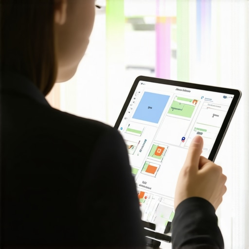 Venue Logistics and Guest Flow Mapping An event planner mapping out guest arrival logistics on a tablet at a modern venue.
