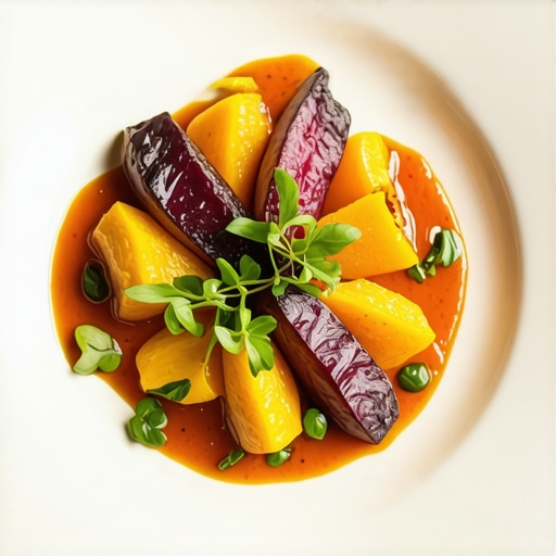 An elegant plated wedding dish showing colorful roasted root vegetables and smooth purée.