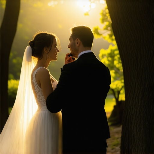 Wedding couple in natural golden hour light A bride and groom posing during the golden hour to capture natural light photography.