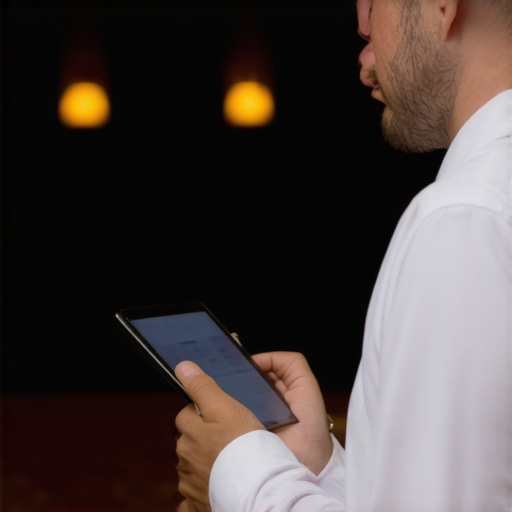 Event planner using a tablet to control lighting in a ballroom